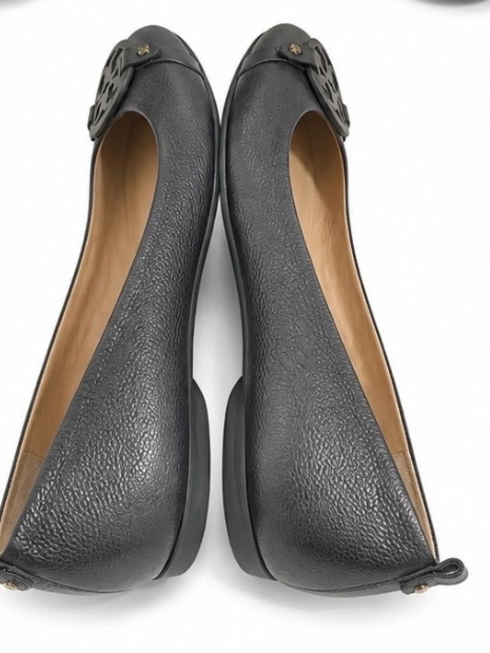 Tory Burch Navy Blue Leather Logo Round-Toe Ballet Flats